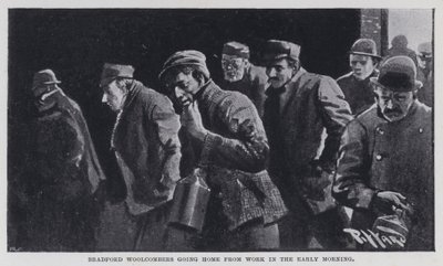 Bradford Woolcombers går hem från jobbet tidigt på morgonen (s/v bild) av Harold Hume Piffard