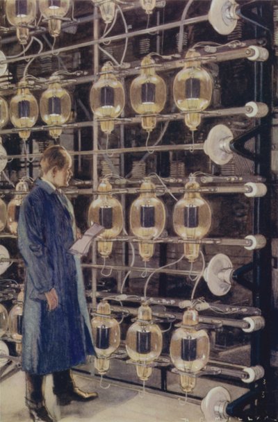 Termionventiler i Marconi trådlösa telegrafistation vid Cefn Du, nära Caernarfon, Wales (färg litho) av Harold Robert Millar