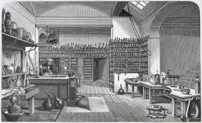 Michael Faraday (1791-1867) i sitt källarlaboratorium, från Henry Bence Jones bok "The Life and Letters of Faraday", publicerad 1870, 1869. av Harriet Jane Moore