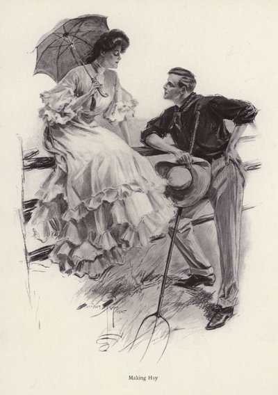 En bonde pausar i sitt arbete för att flirta med en ung kvinna (litho) av Harrison Fisher