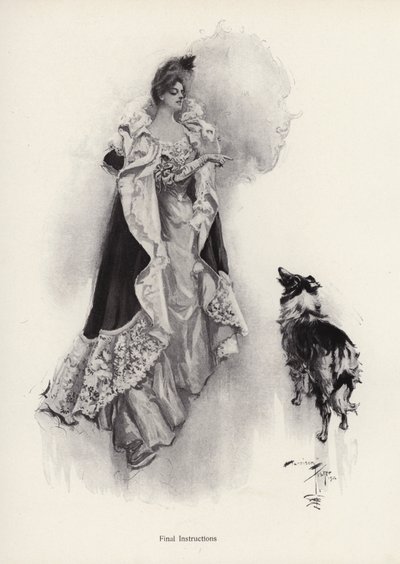 En ung kvinna som går ut på kvällen och ber sin hund att lyda instruktioner (litho) av Harrison Fisher