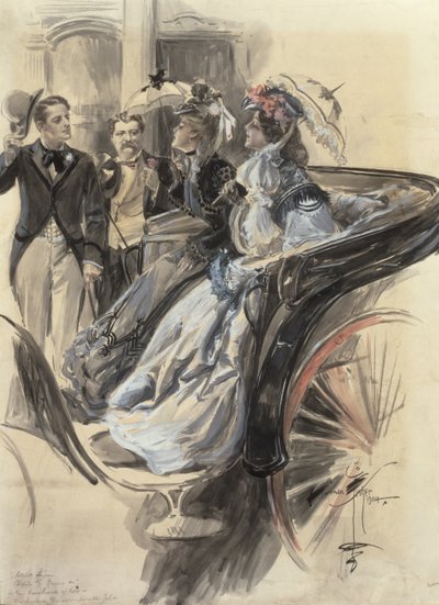 Carriage Ride, 1904 (wc, gouache och penna på kartong) av Harrison Fisher