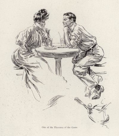 Par som tar en drink efter ett tennisspel (färg litho) av Harrison Fisher