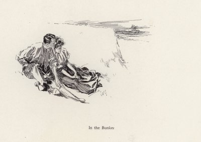 Par i en romantisk famn i en bunker på golfbanan (litho) av Harrison Fisher