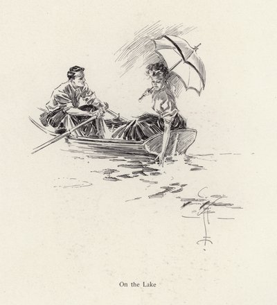 Man och kvinna i en roddbåt på sjön (litho) av Harrison Fisher