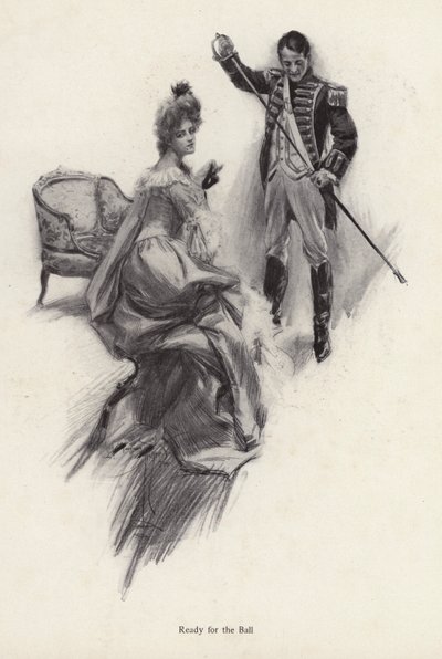 Man och kvinna förbereder sig för en bal (litho) av Harrison Fisher