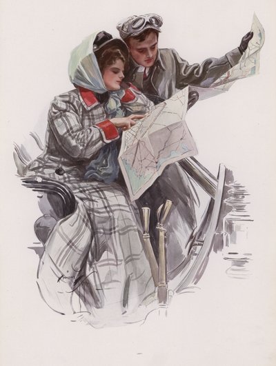 Man och kvinna läser en karta i en bil (färg litho) av Harrison Fisher