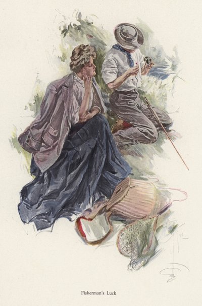 Man som fiskar på en flodstrand medan en kvinna tittar på (färg litho) av Harrison Fisher