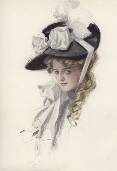 Porträtt av en kvinna i en snygg hatt (färg litho) av Harrison Fisher