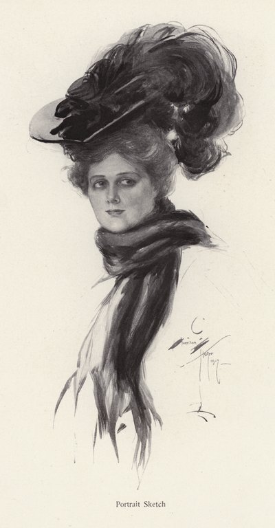 Porträtt av en kvinna i en stor hatt (litho) av Harrison Fisher