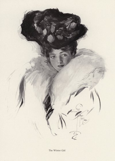 Porträtt av en ung kvinna i hatt och pälsrock (litho) av Harrison Fisher