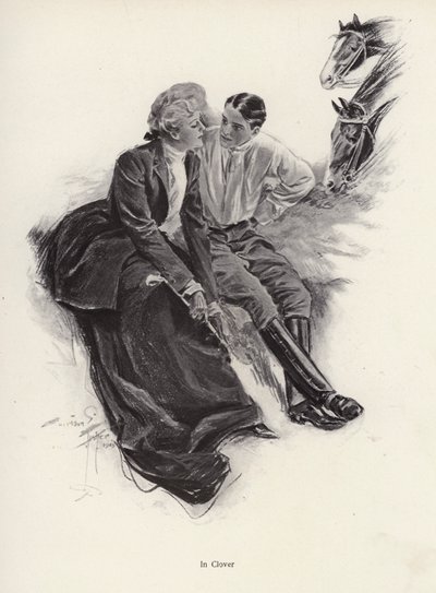 Romantiskt par tar en paus under en ridtur (litho) av Harrison Fisher