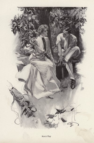 Romantiskt par som tar en paus från sitt golfspel (litho) av Harrison Fisher