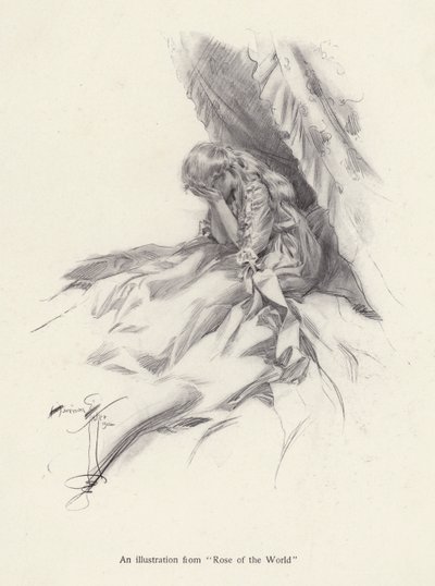 Rosamond English, en karaktär från Rose of the World, en roman av Egerton Castle (litho) av Harrison Fisher