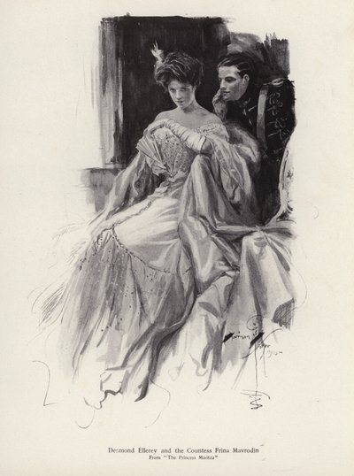 Två karaktärer, Desmond Ellery och grevinnan Frina Mavrodin från romanen, Prinsessan Moritza, av Percy Brebner (litho) av Harrison Fisher