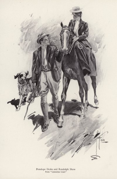 Två karaktärer, Penelope Drake och Randolph Shaw från romanen Cowardice Court, av George Barr McCutcheon (litho) av Harrison Fisher