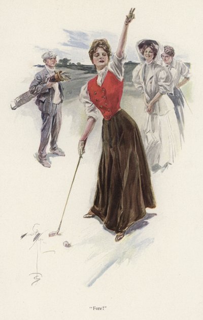 Kvinna golfspelare på banan (färg litho) av Harrison Fisher