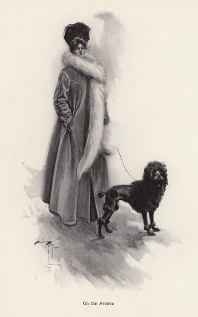 Kvinna i en lång kappa med en pudel (litho) av Harrison Fisher