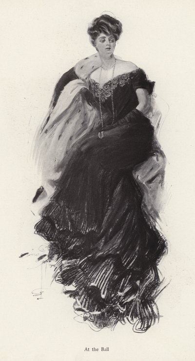 Kvinna i aftonklänning på en bal (litho) av Harrison Fisher