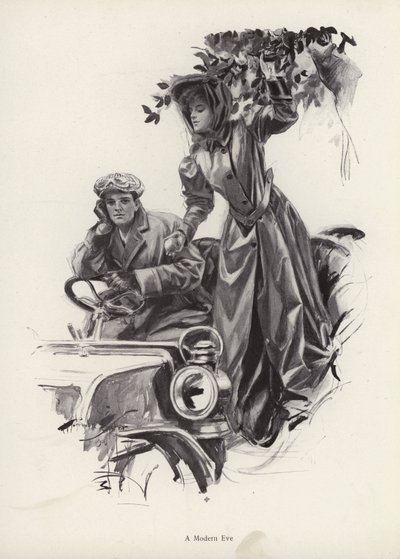 Kvinna som plockar äpplen inifrån en bil (litho) av Harrison Fisher