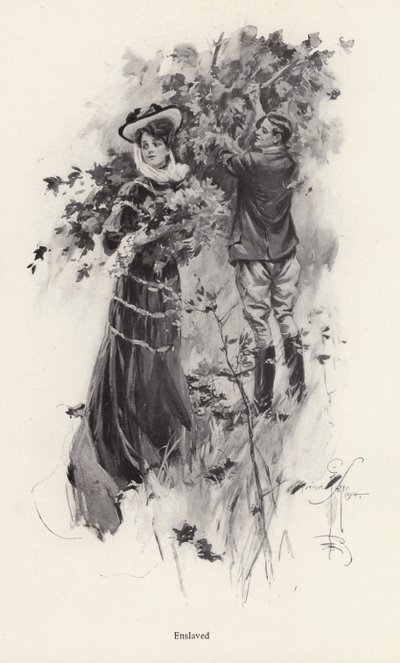 Kvinna som plockar blommor med en manlig beundrare (litho) av Harrison Fisher