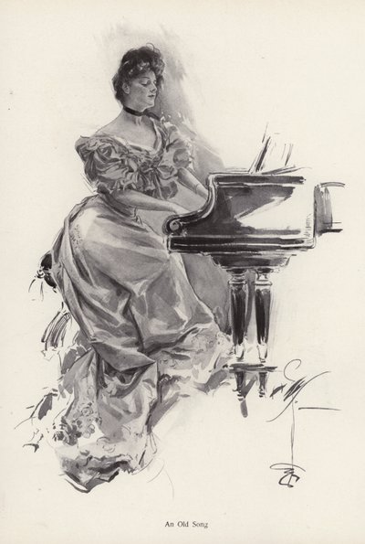 Kvinna som spelar en sång på ett piano (litho) av Harrison Fisher