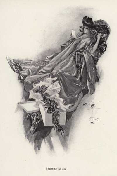Kvinna som tar emot en bukett blommor från en beundrare (litho) av Harrison Fisher