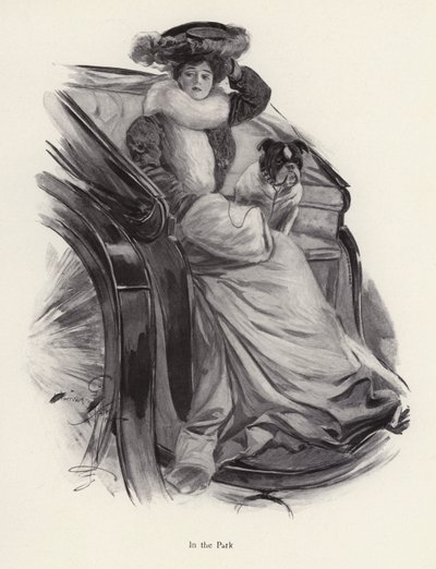 Kvinna som sitter i en vagn med sin hund (litho) av Harrison Fisher