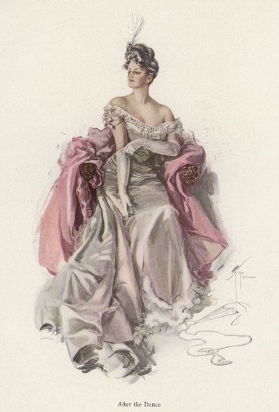 Kvinna som bär en aftonklänning efter dansen (färg litho) av Harrison Fisher