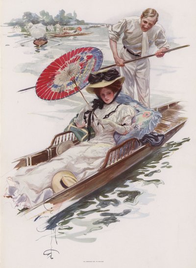 Ung amerikansk kvinna njuter av en punttur på en engelsk flod (färg litho) av Harrison Fisher