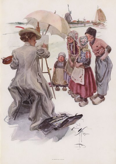 Ung amerikansk kvinna som målar en holländsk scen (färg litho) av Harrison Fisher