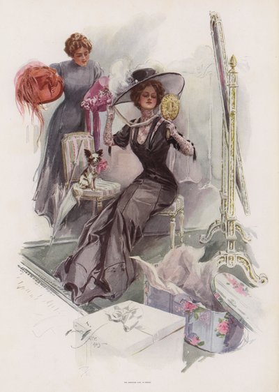Ung amerikansk kvinna som provar hattar hos en fransk mjölnare (färg litho) av Harrison Fisher