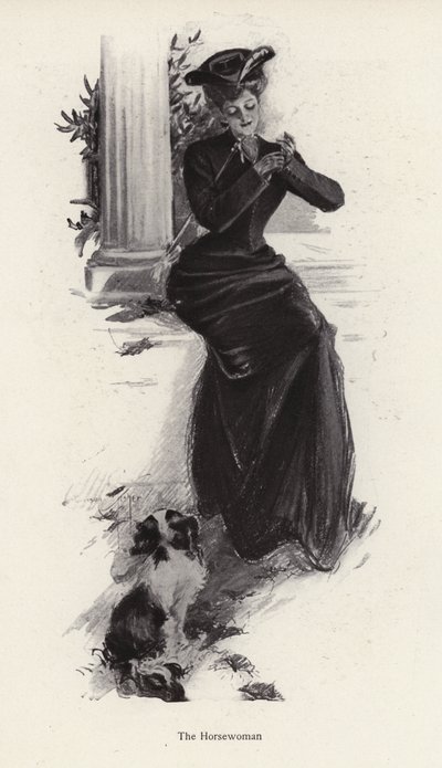 Ung kvinna och hennes hund väntar på att rida (litho) av Harrison Fisher