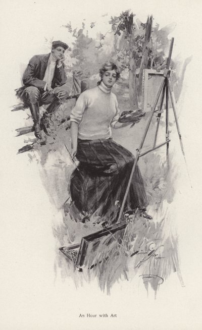 Ung kvinna konstnär målar på landsbygden medan en ung man tittar på (litho) av Harrison Fisher