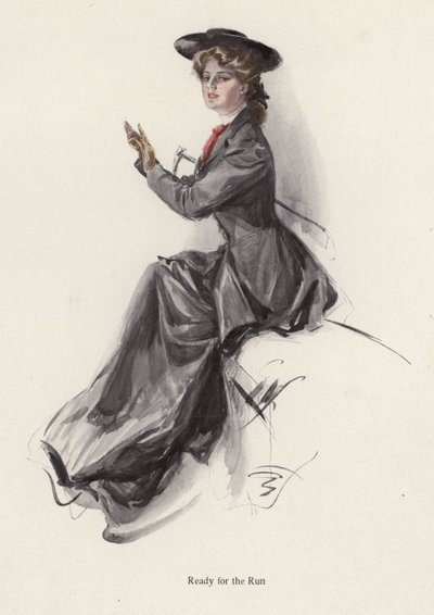 Ung kvinna gör sig redo att rida (färg litho) av Harrison Fisher