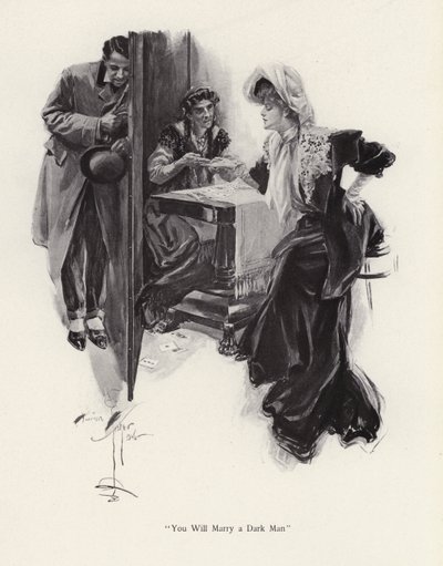 Ung kvinna får sin framtid berättad av en zigenare (litho) av Harrison Fisher