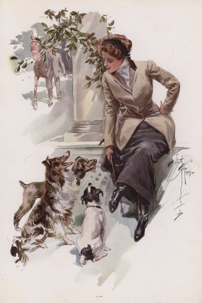 Ung kvinna i sin ridvana sitter med sina hundar (färg litho) av Harrison Fisher