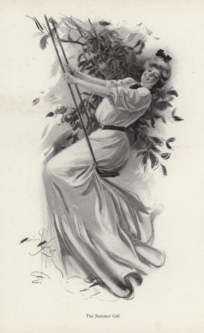 Ung kvinna på en gunga (litho) av Harrison Fisher