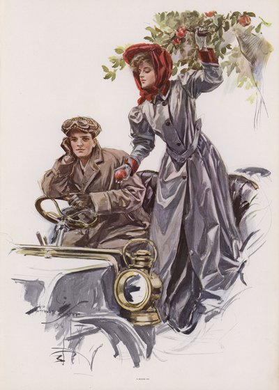 Ung kvinna plockar äpplen inifrån en bil (färg litho) av Harrison Fisher