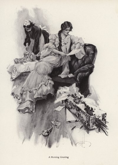 Ung kvinna som tar emot en bukett blommor och ett brev från en beundrare (litho) av Harrison Fisher