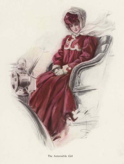 Ung kvinna sitter i en bil (färg litho) av Harrison Fisher