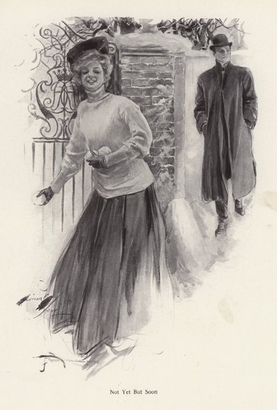 Ung kvinna som väntar på att kasta snöbollar på en man (litho) av Harrison Fisher