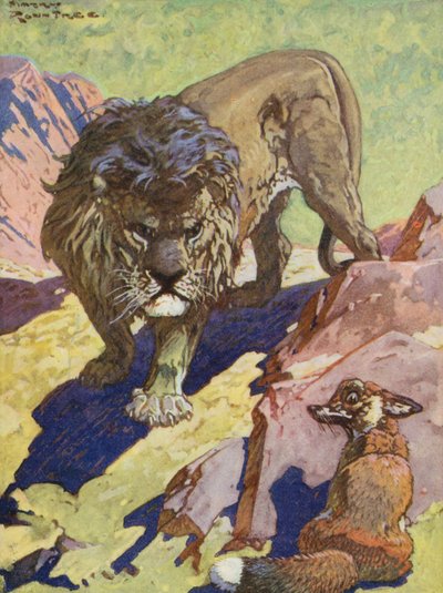 Aesops fabler: Räven och lejonet (färglitografi) av Harry (1878 1950) Rountree