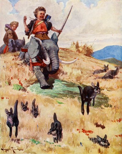 Jakt på kängurur (färglitografi) av Harry (1878-1950) Rountree