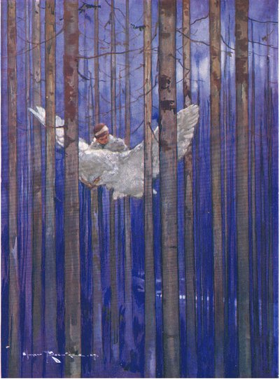 Ugglan och Gilbert hade fantastiska turer i månskenet (från The Forest Foundling) (färg litho) av Harry Rountree