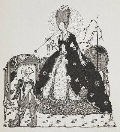 En dam som tittar ner på en bonde och tigger om pengar. av Harry Clarke