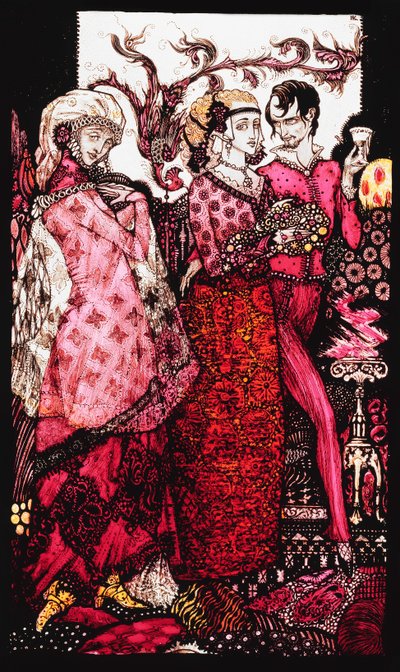 Bert the Bigfoot, Sung by Villon". "Queens", nio glaspaneler syrade, färgade och målade, Illustrerande J.M. Synges dikt, 1917 av Harry Clarke