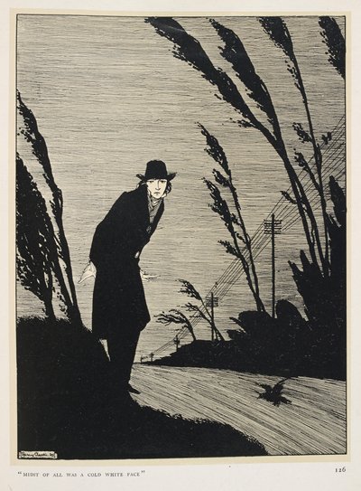 Svartvitt. "Mitt bland allt var ett kallvitt ansikte". En man klädd i svart; en rad telegrafstolpar. av Harry Clarke