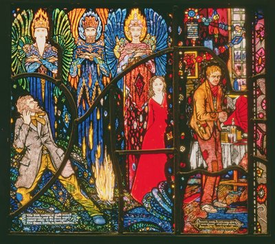 Detalj från Genèvefönstret som visar The Demi Gods av James Stephens och Juno and the Paycock av Sean OCasey, 1929 av Harry Clarke