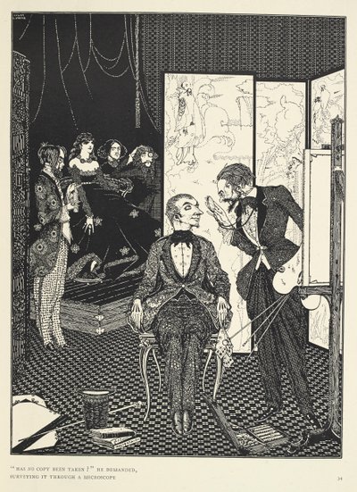"Har ingen kopia tagits?" frågade han och granskade den genom ett mikroskop. Illustration till berättelsen "djävulen i klockstapeln". av Harry Clarke